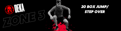 DEKA ZONE 3 20 BOX JUMP / STEP OVER DEKA participant in the middle of a box jump.